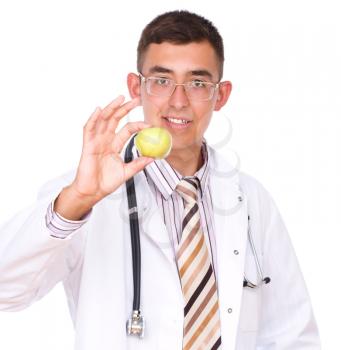 Portrait of medical male doctor with apple, isolated over white