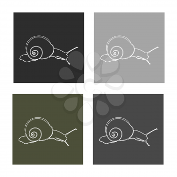 Abstract illustration, black and white silhouette of snail. The snail on slope. Black background. Set.