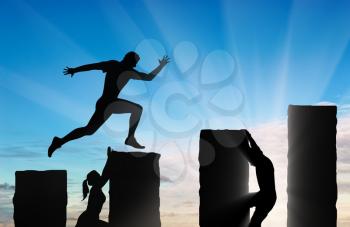 Business risks and competition concept. Running businessman jumps over precipices and competitors