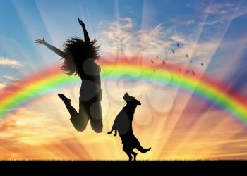 Rainbow and happiness. Happy woman with a dog for a walk on a rainbow and sunset background