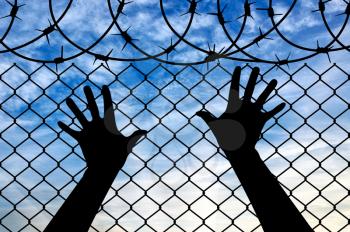 Refugees concept. Hands refugee at the border fence