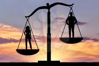Feminism concept. The dominance of women against men, on the scales of justice