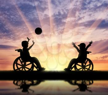 Happy children with disabilities play ball and reflection in river. Concept happy children disabilities