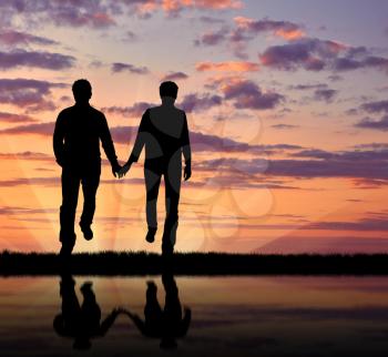 Concept of gay people. Silhouette happy gay men walking holding hands at sunset and reflection in water