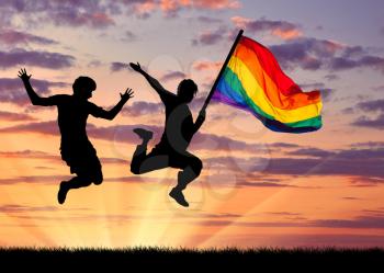 Concept of gay people. Silhouette of two happy gays jump with a flag at sunset