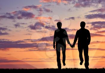 Concept of gay people. Silhouette happy gay men walking holding hands at sunset