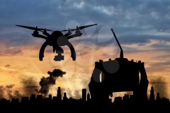 Silhouette flying drones over city in smoke and hand remote control. Concept of military intelligence and information