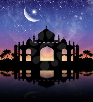 Concept of Islamic architecture. Silhouette of the Town Hall on the background of the starry sky and the moon reflecting in the river