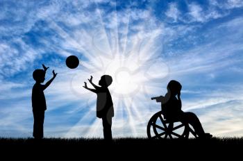 Disabled child in wheelchair crying near children play with ball day. Concept disabled child