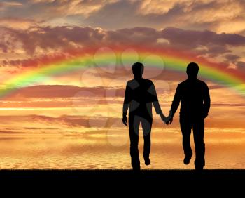 Homosexuals. Couple of gays are holding hands on a background of sea sunset and rainbow