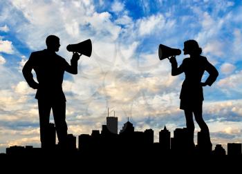 Feelings and emotions. Loudspeaker in hand woman and man on the background of the urban landscape