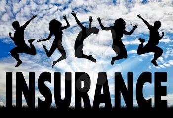 Insurance concept. Silhouette people jumping over the word insurance against the sky