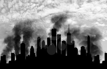 Concept of a terrorist attack. Silhouette of the city in smoke against the blue sky