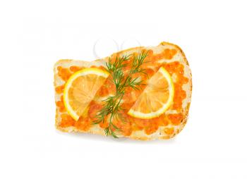 Sandwich with red caviar, lemon and dill isolated on white background