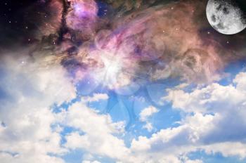 Concept of God and religion. Fantastic cloudy sky with the moon and the cosmos