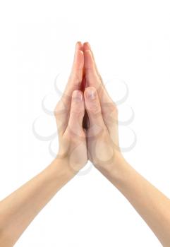 Concept of prayer and religion. Praying man's hand isolated on white background