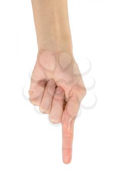 Gesture of the hand. Hand with index finger points down. Isolated on white background