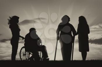 Silhouette of two people with disabilities and peepers. Caring for a disabled man in a wheelchair and a woman on crutches and peepers