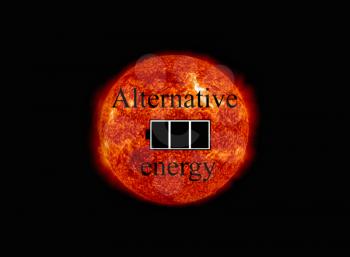 Concept of alternative solar energy. The symbol of the battery charged at the background of the sun. NASA