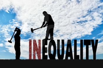 Silhouette of two men with sledgehammers smash word inequality. Social inequality and notion equality of rights