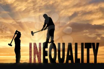 Silhouette of two men with sledgehammers smash word inequality. Social inequality and notion equality of rights