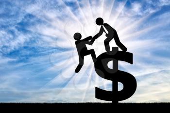 Concept of business team. Man standing on sign of dollar helps other person to get to it