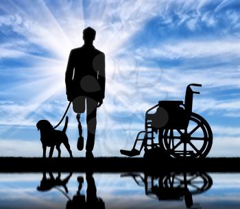 Disability and rehabilitation. Disabled man with prosthetic leg walks without a wheelchair with a dog on the river