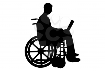 Silhouette of a man disabled in a wheelchair working with a laptop in hand on white background the Concept of employment of people with disabilities