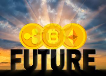 Coins Bitcoin, Ethereum, Ripple on the word future. The concept of the future behind a crypto currency