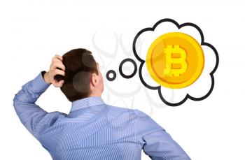 Man scratching his head thinking about Bitcoin. The concept of thinking about crypto currency