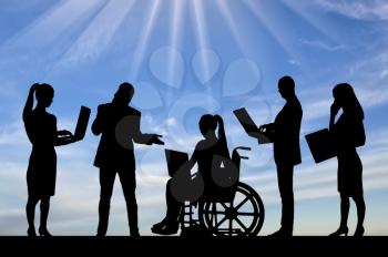 Silhouette of a disabled woman in a wheelchair and his work team during a work process. Disabled working concept