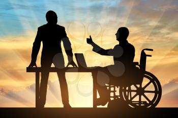 Disabled worker. Silhouette of a disabled man in a wheelchair shows a gesture like his colleague at work