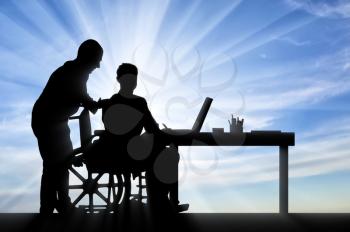 Disabled work. Silhouette worker supports and helps a disabled man in a wheelchair at work