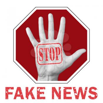 Stop fake news conceptual illustration. Open hand with the text stop fake news. Global social problem