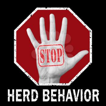 Stop herd behavior effect conceptual illustration. Open hand with the text stop herd behavior