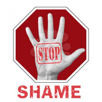 Stop shame conceptual illustration. Open hand with the text stop shame