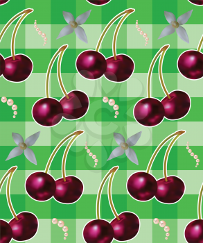 Beautiful seamless pattern with cherries, flowers and pearls.