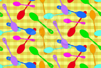 Seamless background with spoon on yellow plaid fabric.