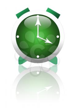 Beautiful stylized green alarm clock, with reflection on white background.