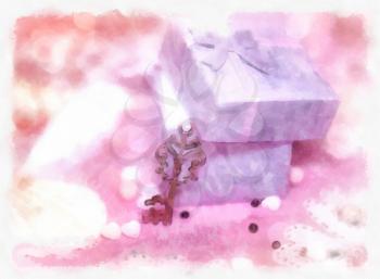 Magic romantic gift box with the lid open and a golden key. The watercolor.