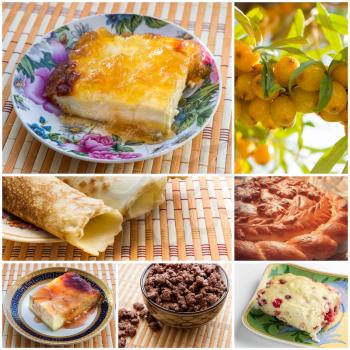 Beautiful collage with mouthwatering pastries and berries of sea buckthorn.