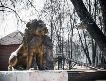 Sculpture of a lion in the city park. Vishny Volochek, Tver region, Russia.