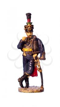 Tin soldier Austrian hussar on white background.