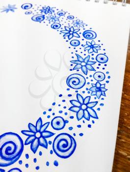 Watercolor doodle. A ribbon of blue flowers, spirals and dots. Mobile photo.