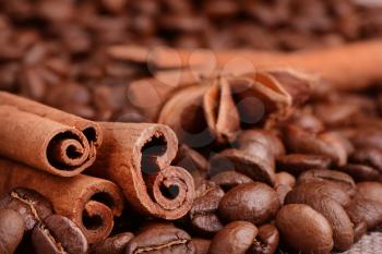 Coffee beans and cinnamon sticks