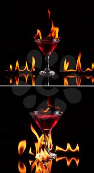 collage Flaming cocktail over black