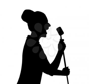 a silhouette of a woman in front of a microphone