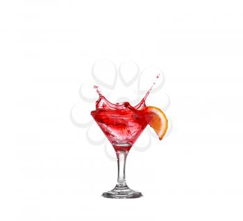 Cocktail with splash and lime slice isolated on white