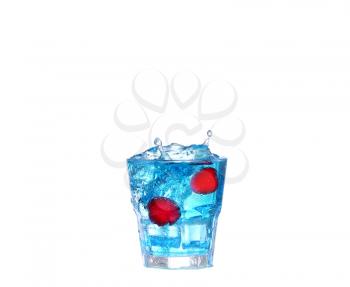 blue cocktail with cherry splash on white