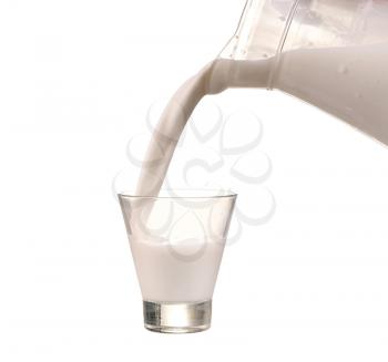 Pouring milk into a glass isolated over white background